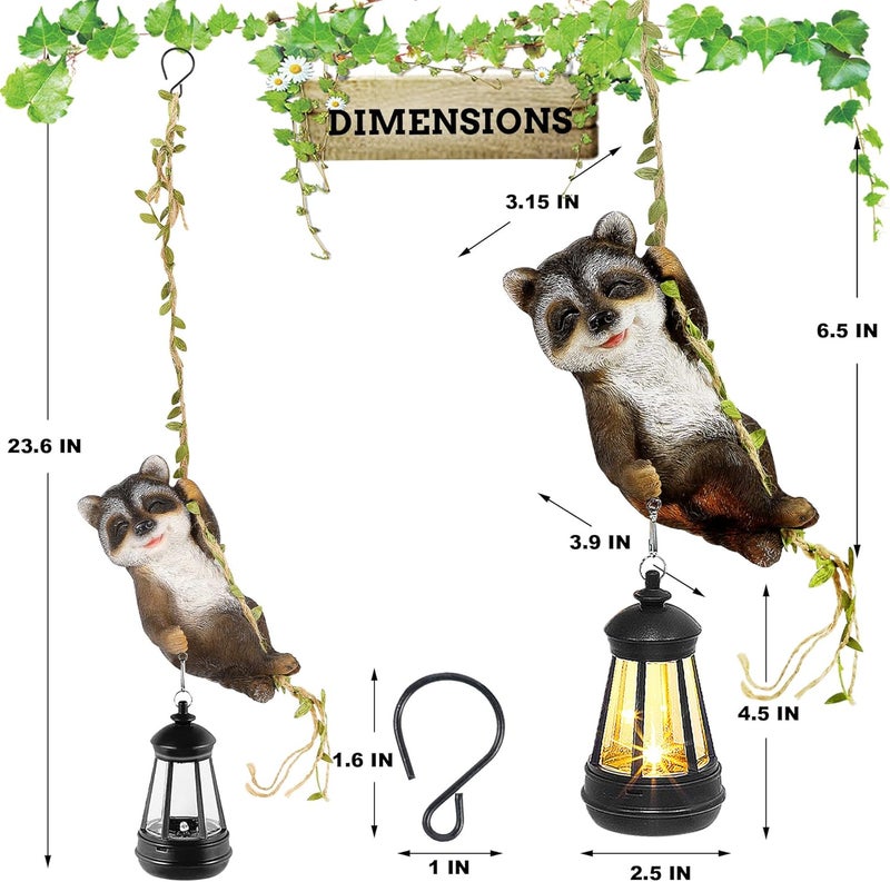 ZaaYee Solar Hanging Raccoon Statue, Outdoor Resin Animal Figurine with LED Lights for Garden, Fence, Porch, Patio, Yard Decor, Dusk to Dawn Auto On/Off - Image 2